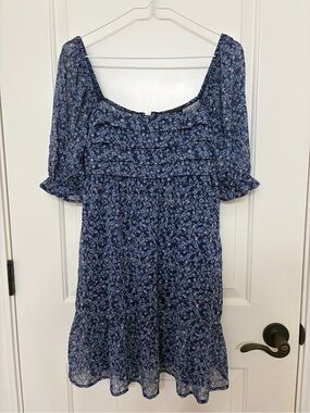 Dillards: Blue Floral Mini Dress with Puff Sleeves